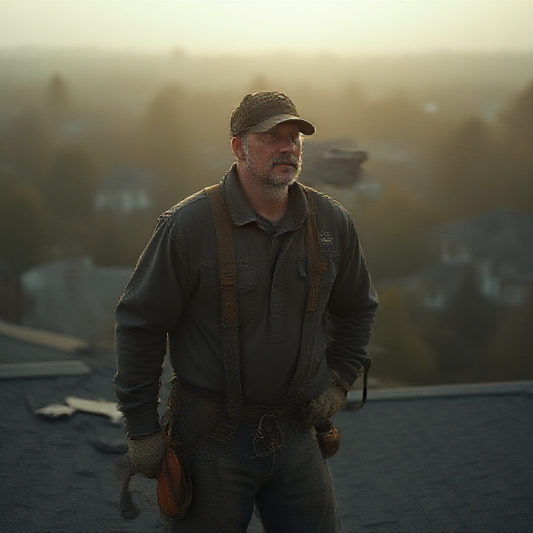 Roofer on a residential roof carrying shingles at golden hour