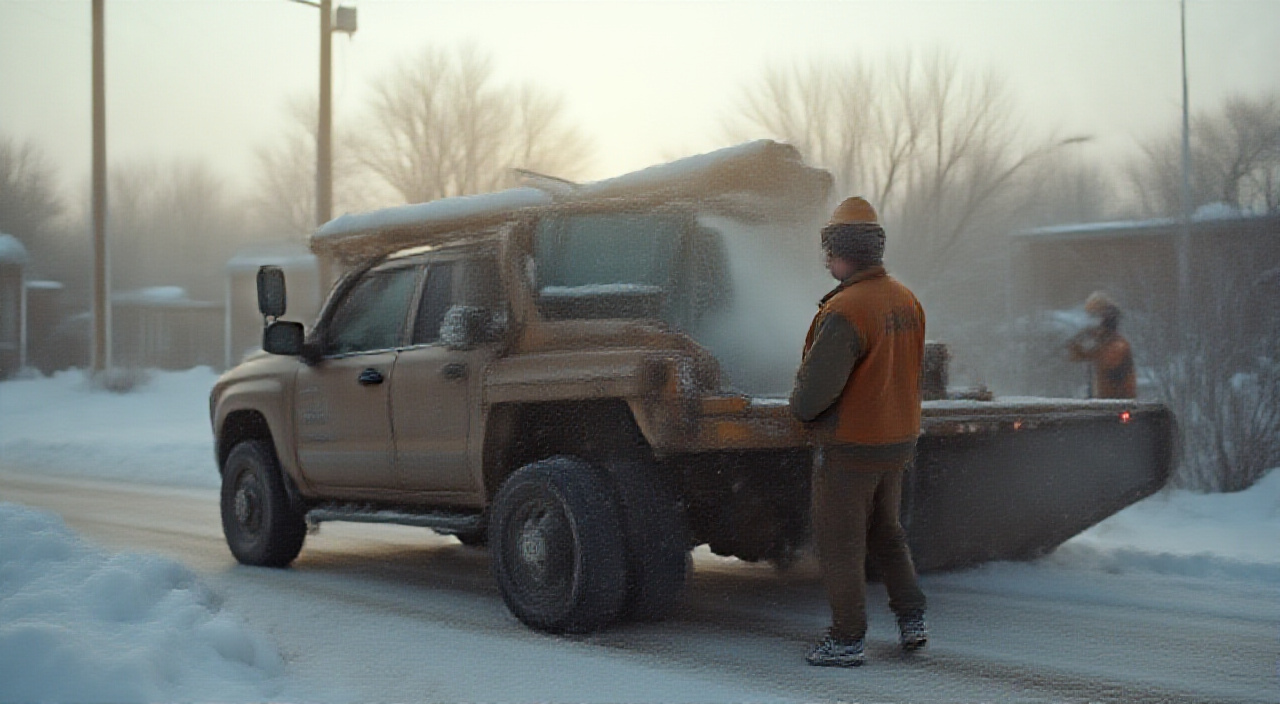 snow removal service truck or van at a residential job site