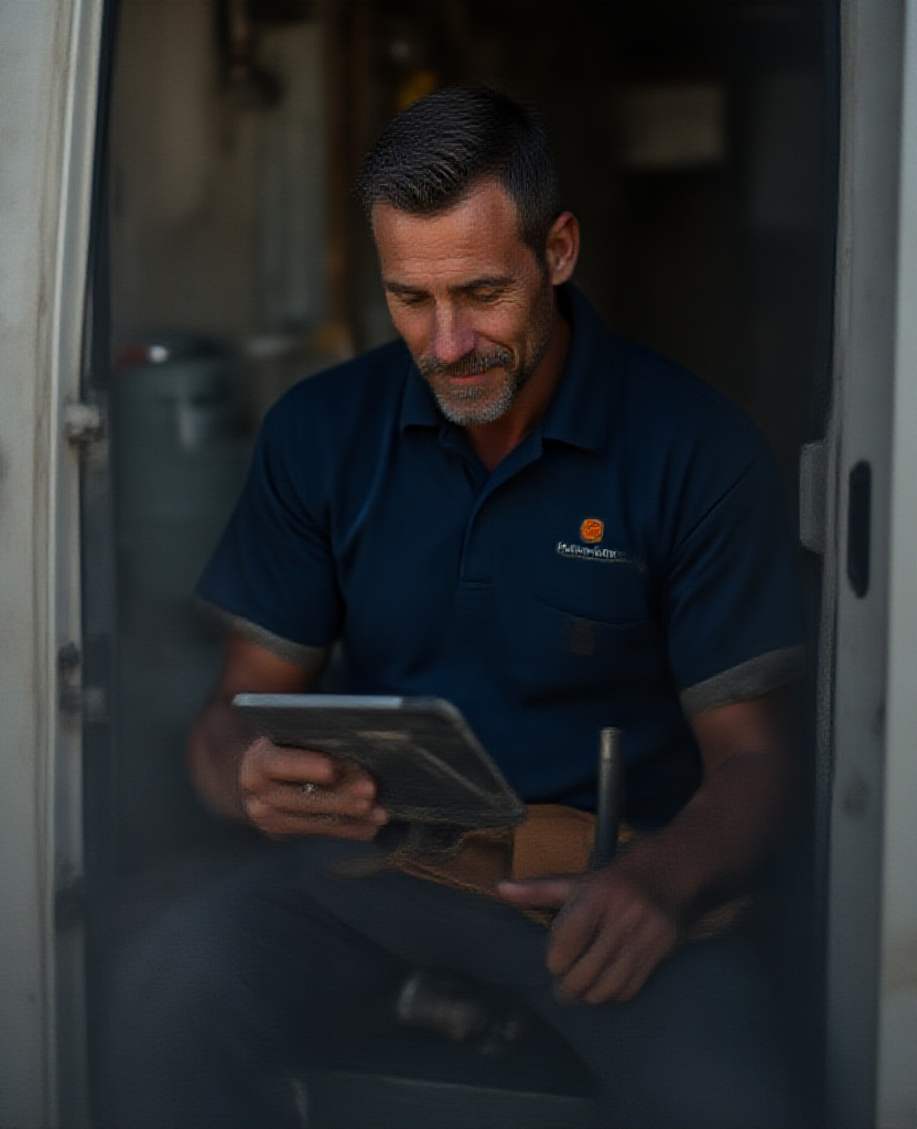 HVAC operator reviewing booked jobs on a dispatch tablet