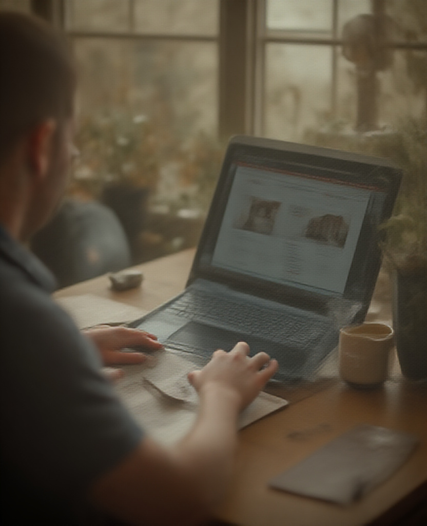 marketer with laptop on real desk real google search results